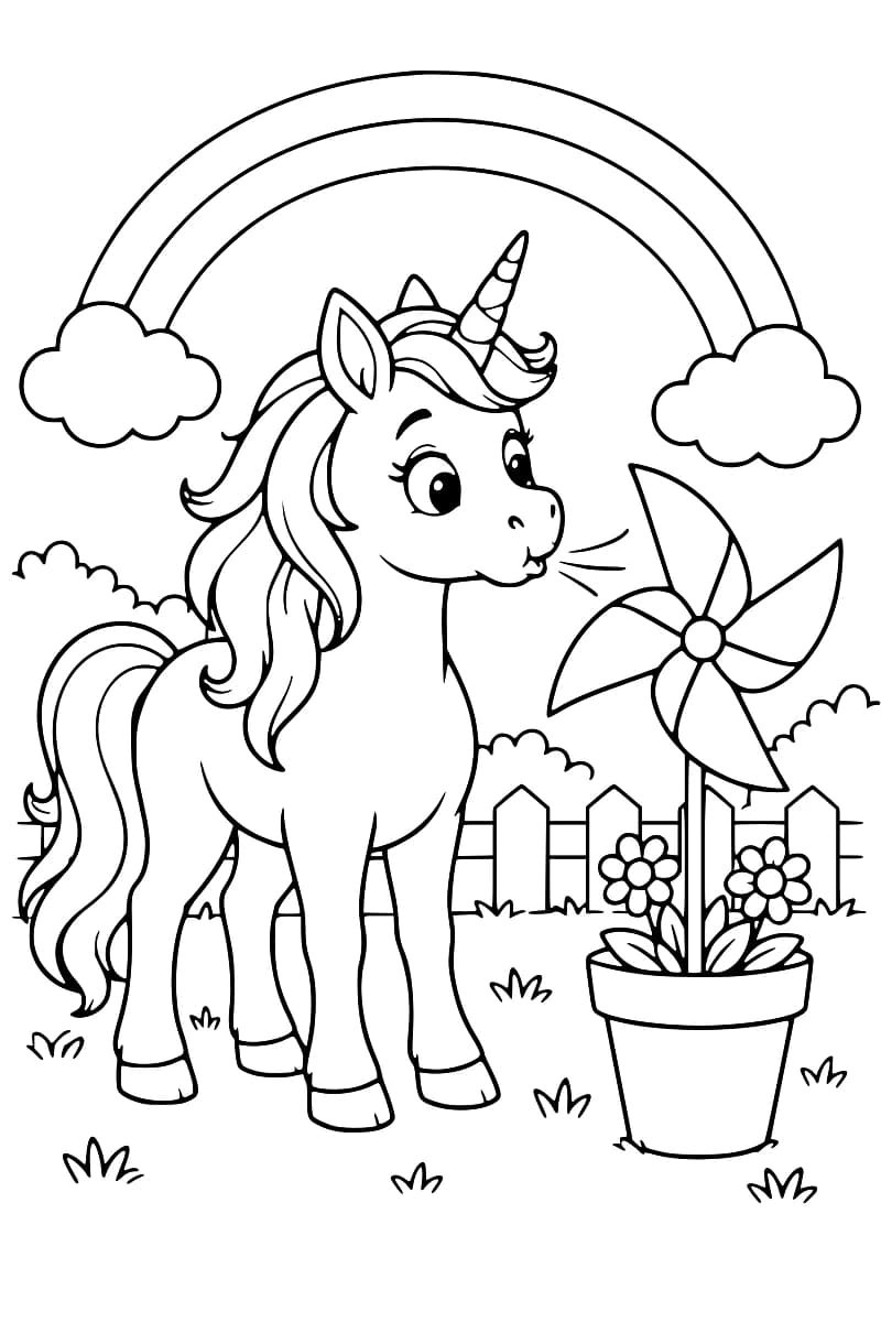Dessin en noir et blanc d’une licorne soufflant sur un moulinet dans un pot de fleurs, avec un arc-en-ciel, une clôture et des fleurs en arrière-plan.