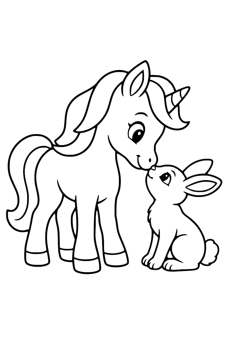 Dessin au trait noir sur fond blanc d’une licorne à longue crinière et d’un lapin assis, leurs museaux se touchant.