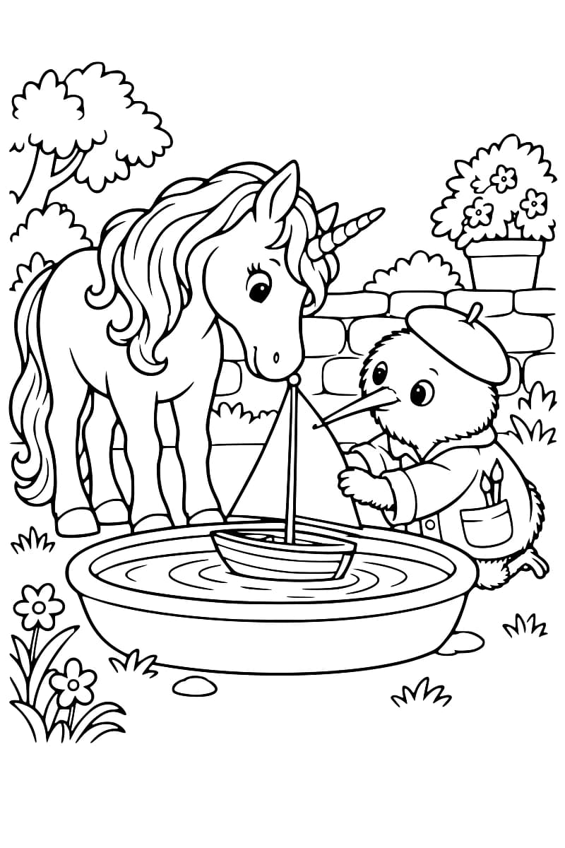 Dessin en noir et blanc d’une licorne et d’un oiseau au long bec, portant un béret et une veste, autour d’un bassin ovale où flotte un voilier miniature, dans un jardin fleuri.
