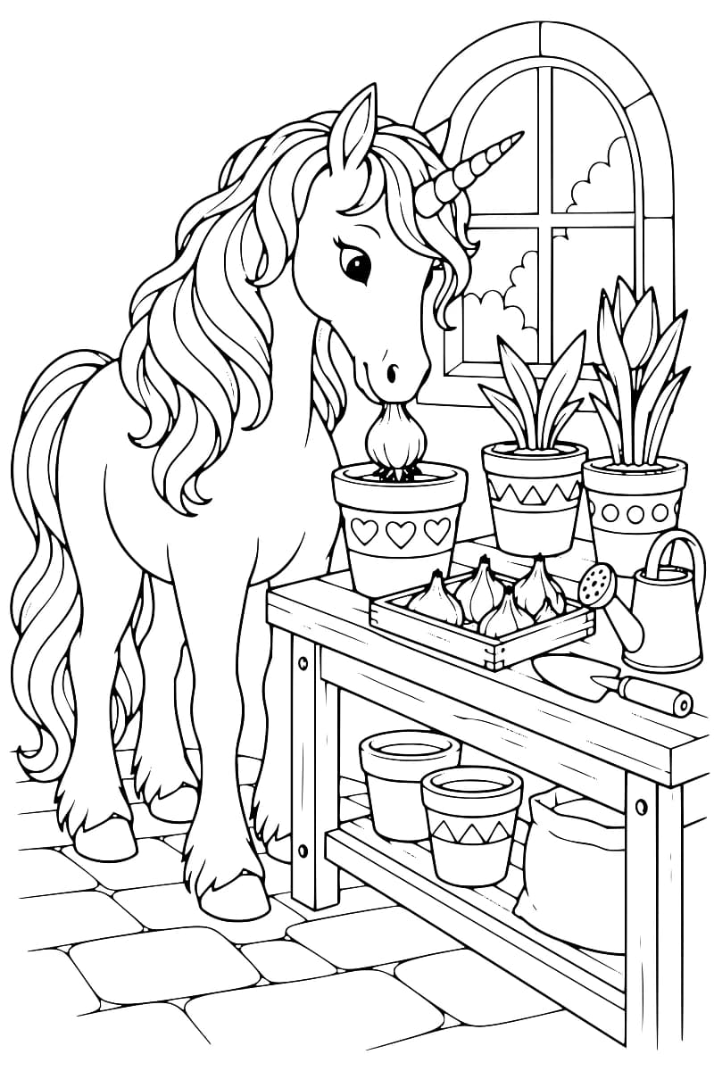 Dessin en noir et blanc d’une licorne tenant un bulbe dans sa bouche au-dessus d’un pot décoré de cœurs. Sur la table se trouvent un plateau de bulbes, deux pots de plantes, un arrosoir et une petite pelle. Des pots vides et un sac sont rangés sous la table, devant une fenêtre arrondie.