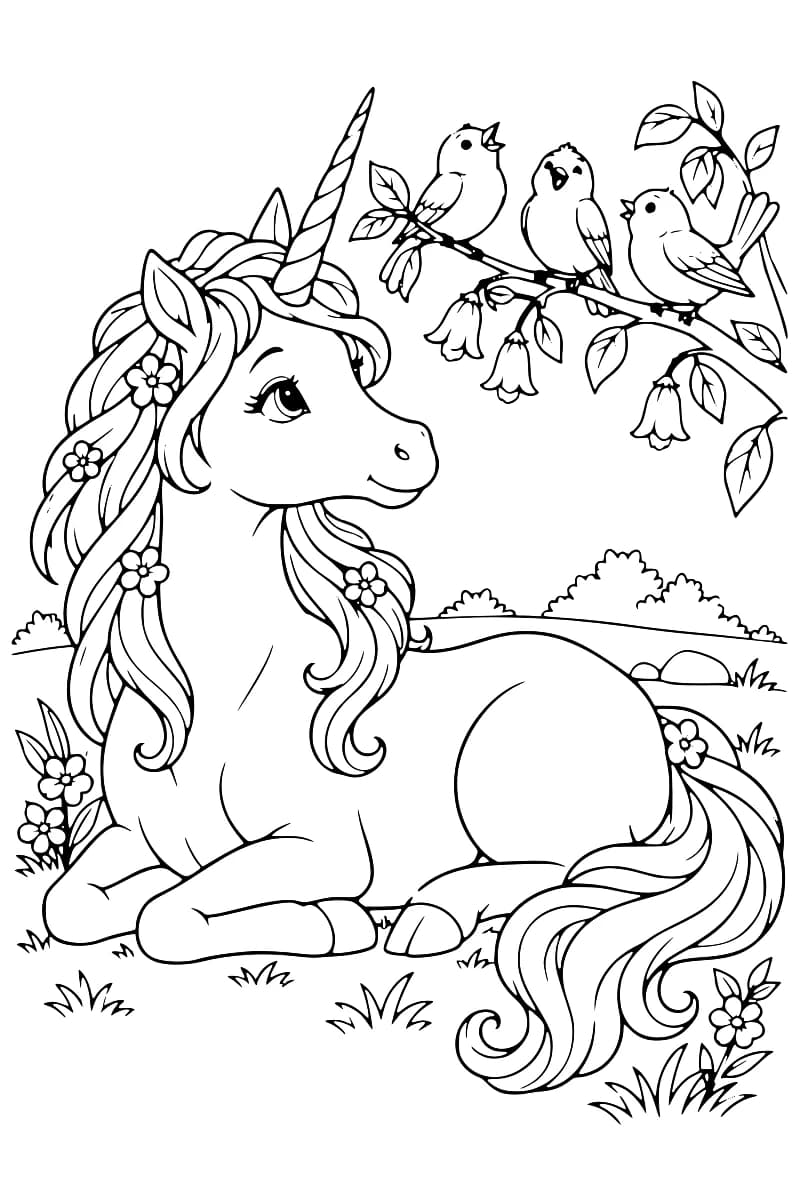 Dessin à colorier d’une licorne couchée, à la longue crinière et à la queue ornées de fleurs, sous une branche portant trois oiseaux, des feuilles et des fleurs en clochettes.