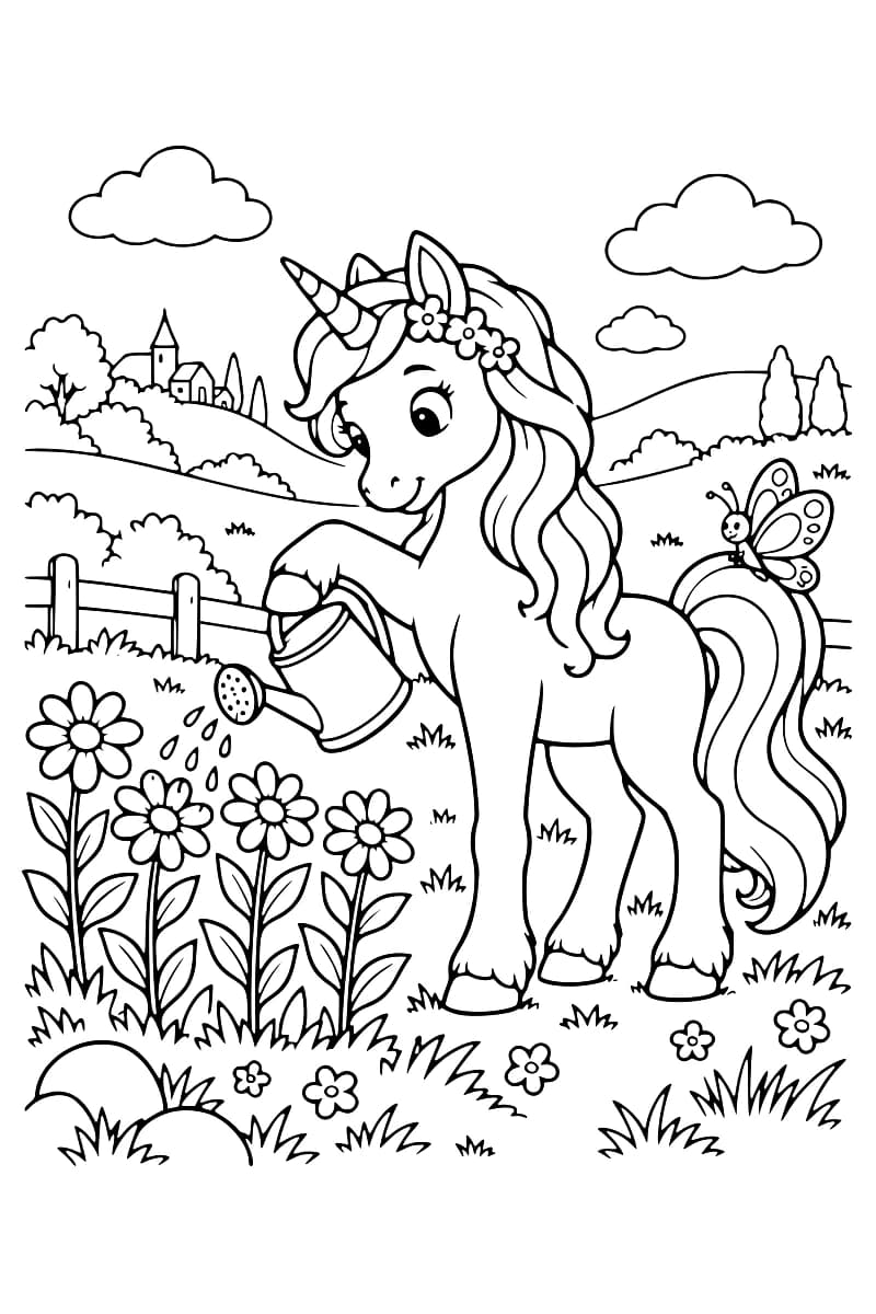 Dessin à colorier d’une licorne tenant un arrosoir pour arroser quatre grandes fleurs, avec un papillon sur sa queue, une clôture, des collines, un petit château et des nuages en arrière-plan.