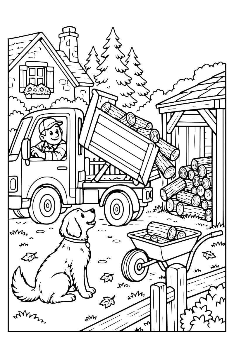 Dessin en noir et blanc à colorier montrant un camion chargé de bûches, un abri à bois, une brouette et un chien devant une maison entourée de sapins.