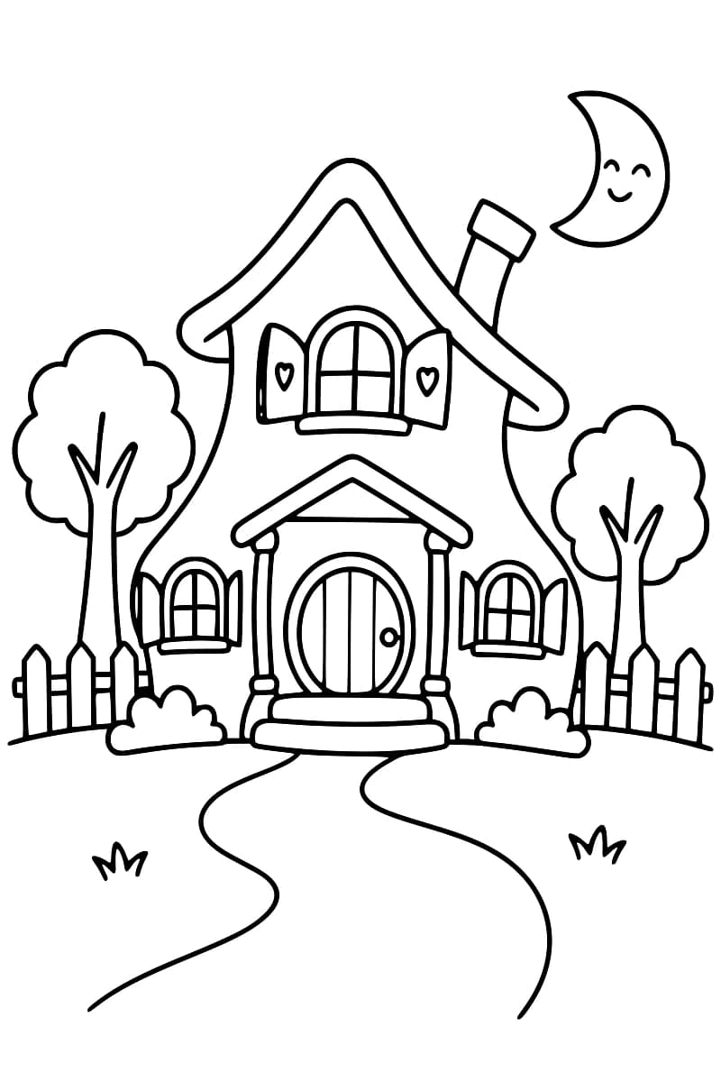 Dessin en noir et blanc d’une maison hantée aux volets ouverts, avec un chemin sinueux, des arbres, une clôture et un croissant de lune.