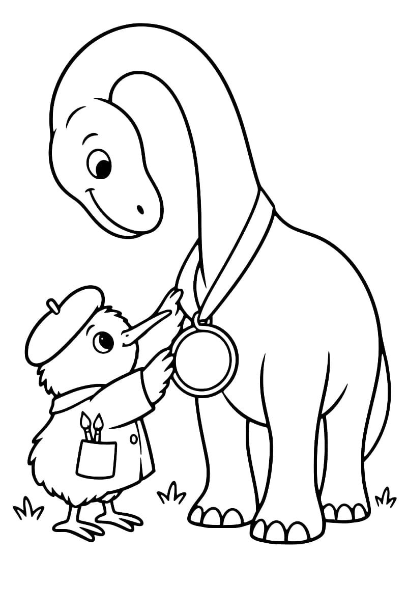 Dessin au trait noir d’un oiseau portant un béret et une veste avec des pinceaux dans la poche, qui ajuste le ruban d’une grande médaille ronde au cou d’un dinosaure au long cou penché vers lui.