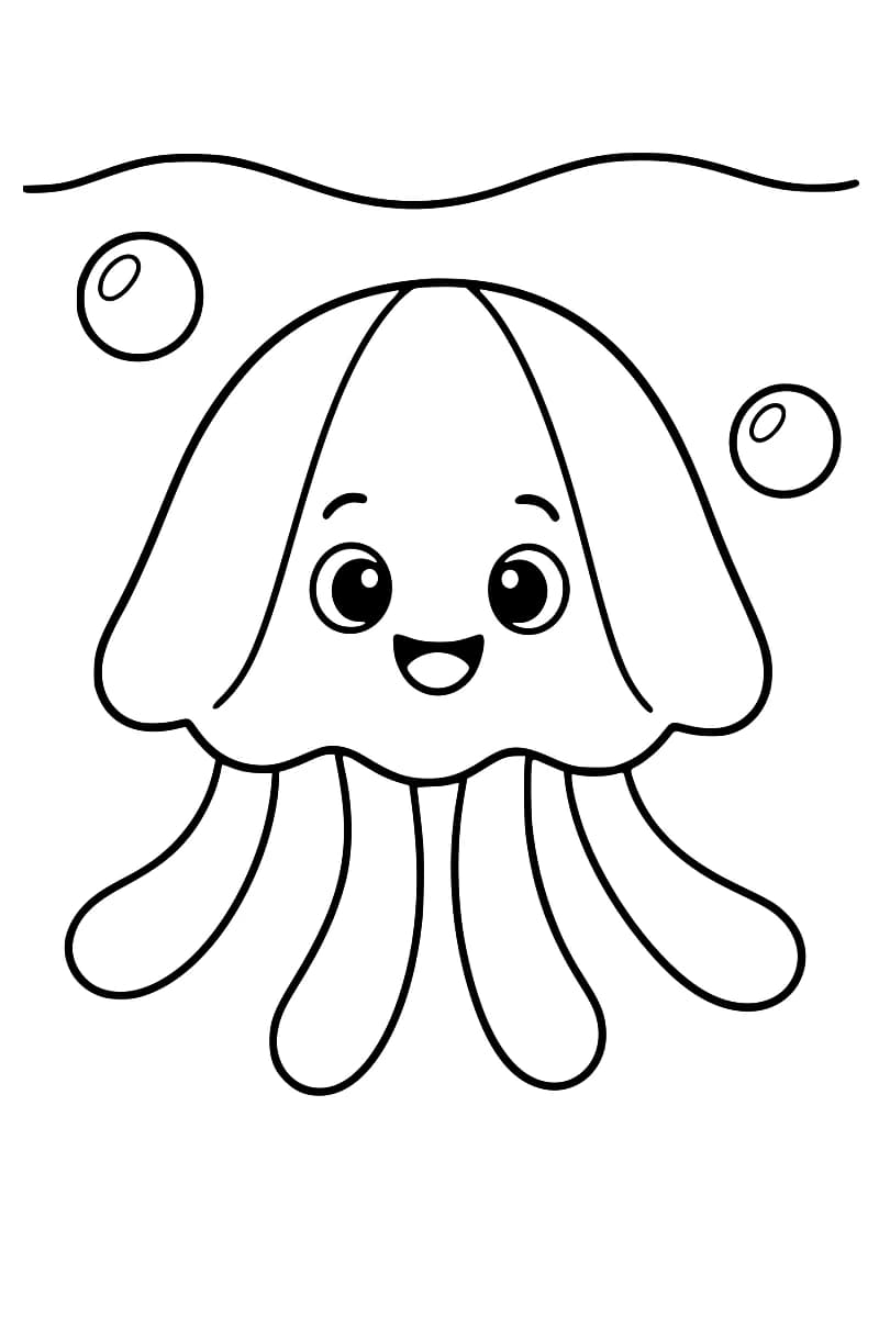 Dessin en noir et blanc d’une méduse aux grands yeux et à la bouche souriante, avec quatre tentacules arrondis, deux bulles et une ligne ondulée au-dessus.