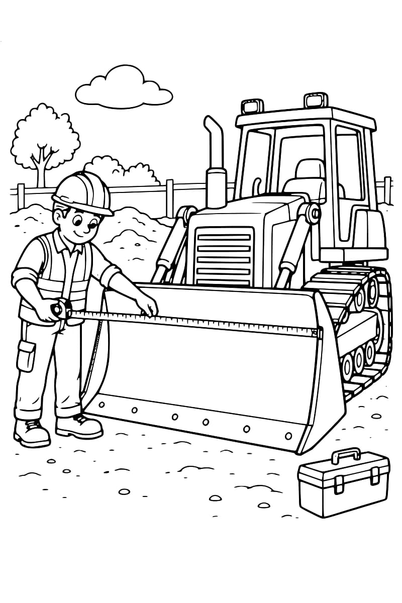 Dessin en noir et blanc d’une personne en tenue de chantier tenant un mètre ruban sur la largeur de la lame d’un bulldozer à chenilles, avec une boîte à outils au premier plan.