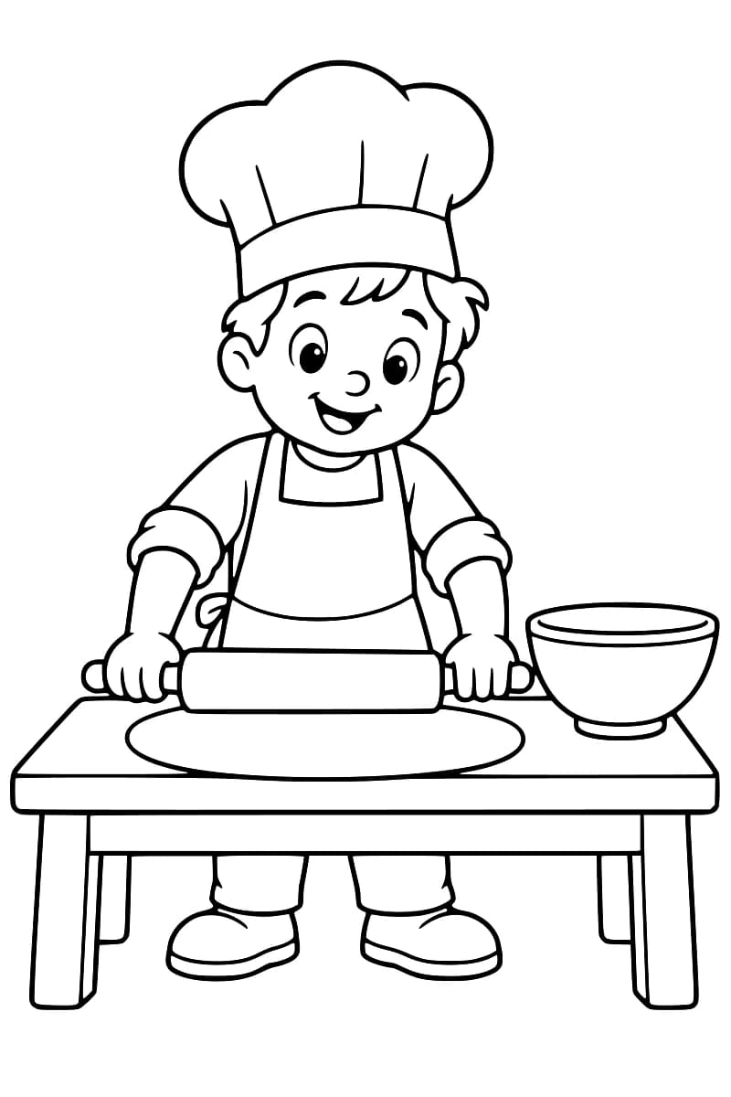 Dessin en noir et blanc d’un personnage souriant portant une grande toque et un tablier, les mains sur un rouleau à pâtisserie au-dessus d’une pâte ovale, avec un bol à droite sur la table.