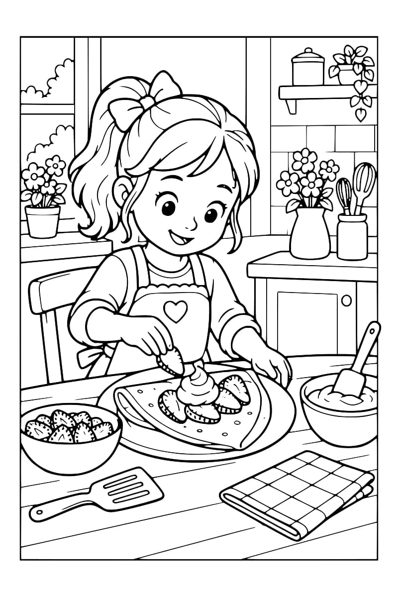 Une enfant en tablier décore une pâtisserie posée sur une assiette, avec des fraises dans un bol, un saladier et une spatule autour d’elle.