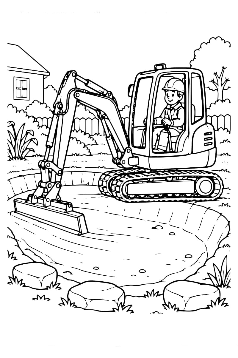 Illustration en noir et blanc d’une pelleteuse à chenilles conduite par un ouvrier, aménageant un bassin vide devant une maison et entouré de végétation et de pierres.