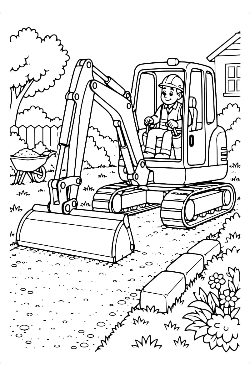 Dessin en noir et blanc d’une pelleteuse à chenilles conduite par un ouvrier, avec une large lame au premier plan.