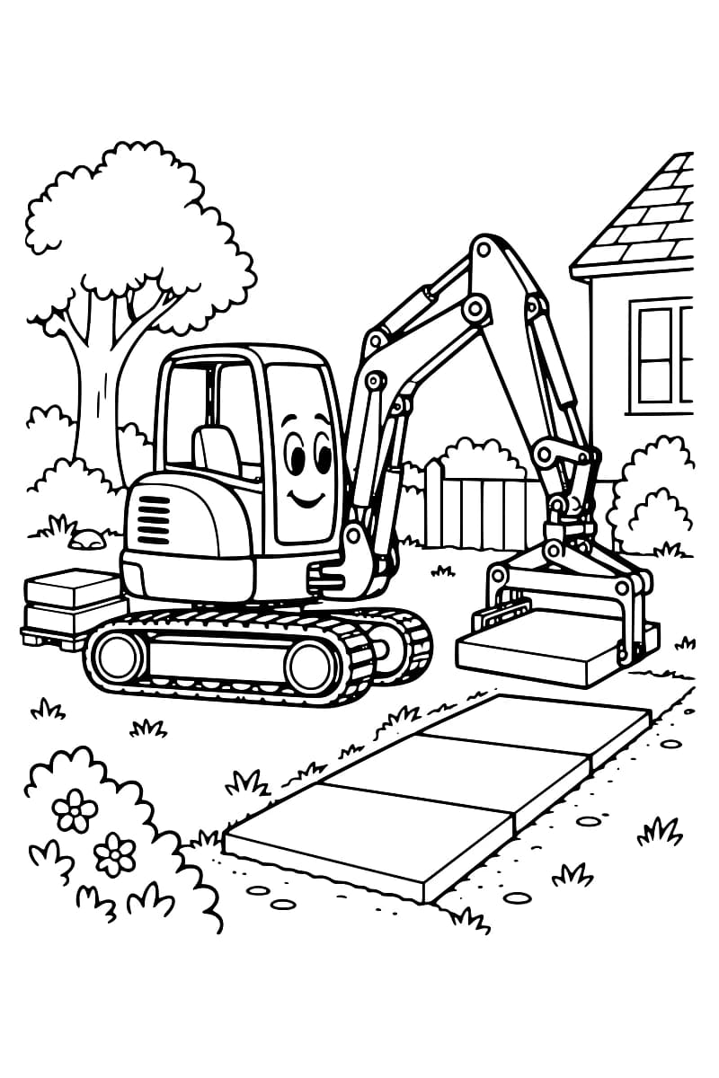 Dessin en noir et blanc d’une pelleteuse à chenilles au visage souriant, tenant une dalle avec une pince au bout de son bras, devant une allée de trois dalles, avec un arbre, des fleurs, une clôture et une maison en arrière-plan.
