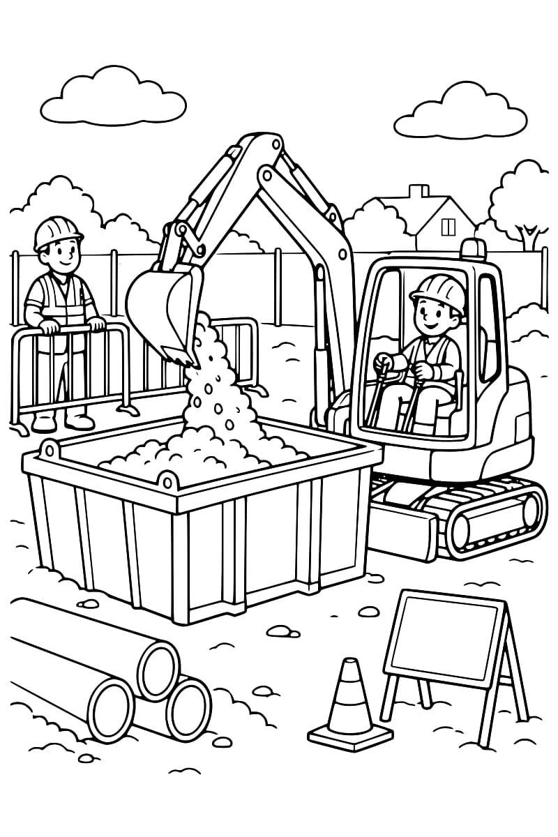 Coloriage d’une pelleteuse remplissant une benne de terre sur un chantier, avec un ouvrier, des tuyaux et un cône de signalisation.