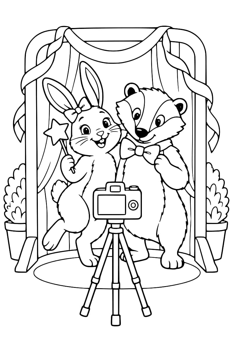 Dessin à colorier d’un lapin portant un nœud sur la tête et tenant une baguette étoilée, aux côtés d’un blaireau avec un nœud papillon, devant un appareil photo sur trépied. Des rideaux, des rubans et deux plantes en pot entourent la scène.