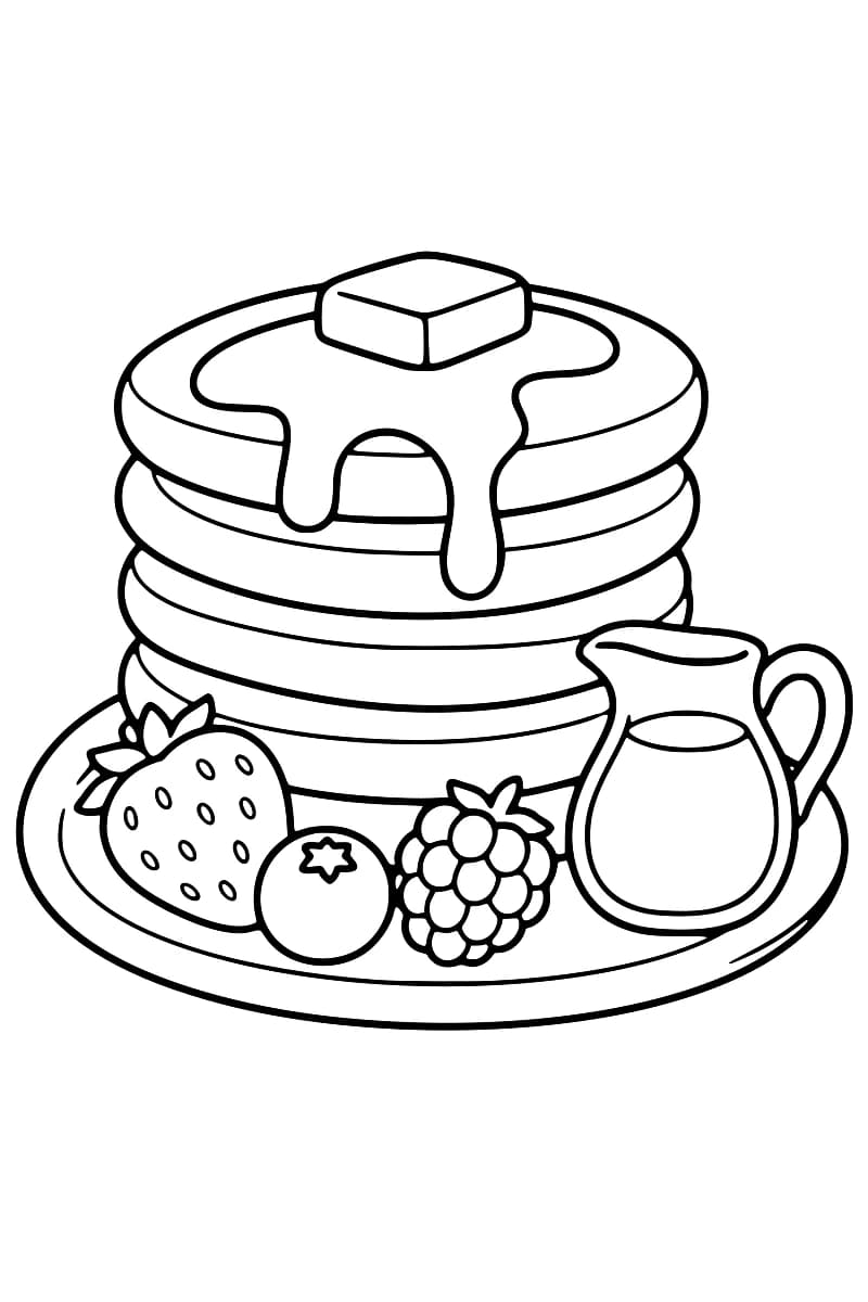 Coloriage en noir et blanc d’une pile de pancakes avec du sirop qui coule et un morceau de beurre au sommet, accompagnée d’une fraise, d’une baie ronde, d’une framboise et d’un petit pichet sur une assiette.