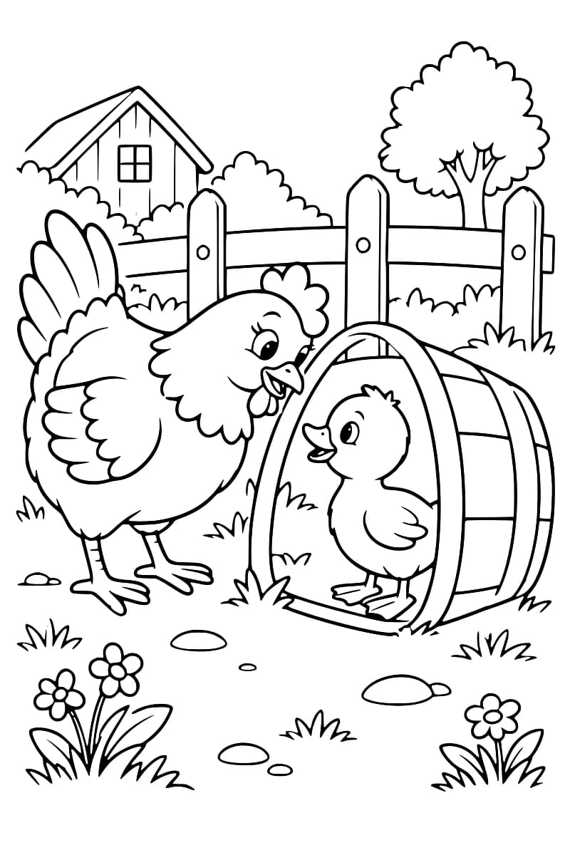 Dessin en noir et blanc d’une poule face à un caneton dans l’ouverture d’un tonneau couché, avec une clôture, une maison, un arbre et des fleurs en arrière-plan.