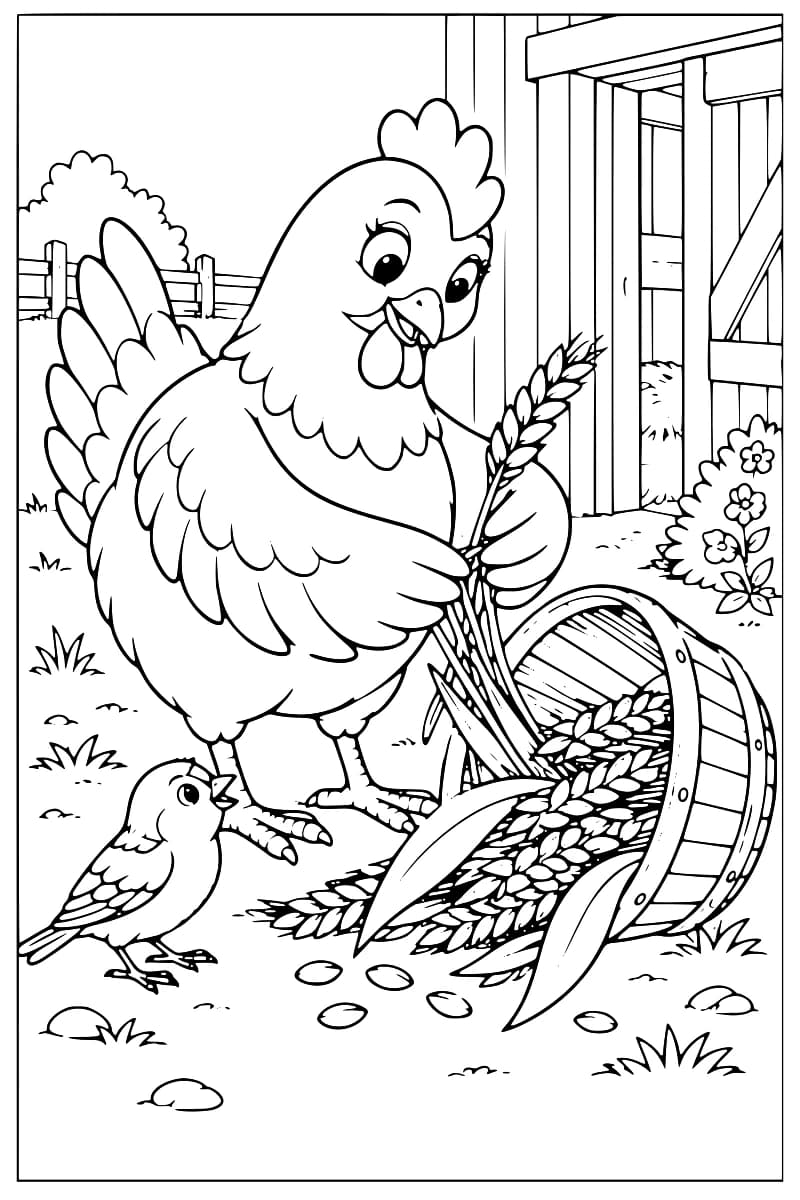 Dessin au trait d’une poule tenant des épis de blé à côté d’un panier renversé rempli d’épis, avec un petit oiseau à ses pieds, une grange, une clôture et des fleurs en arrière-plan.