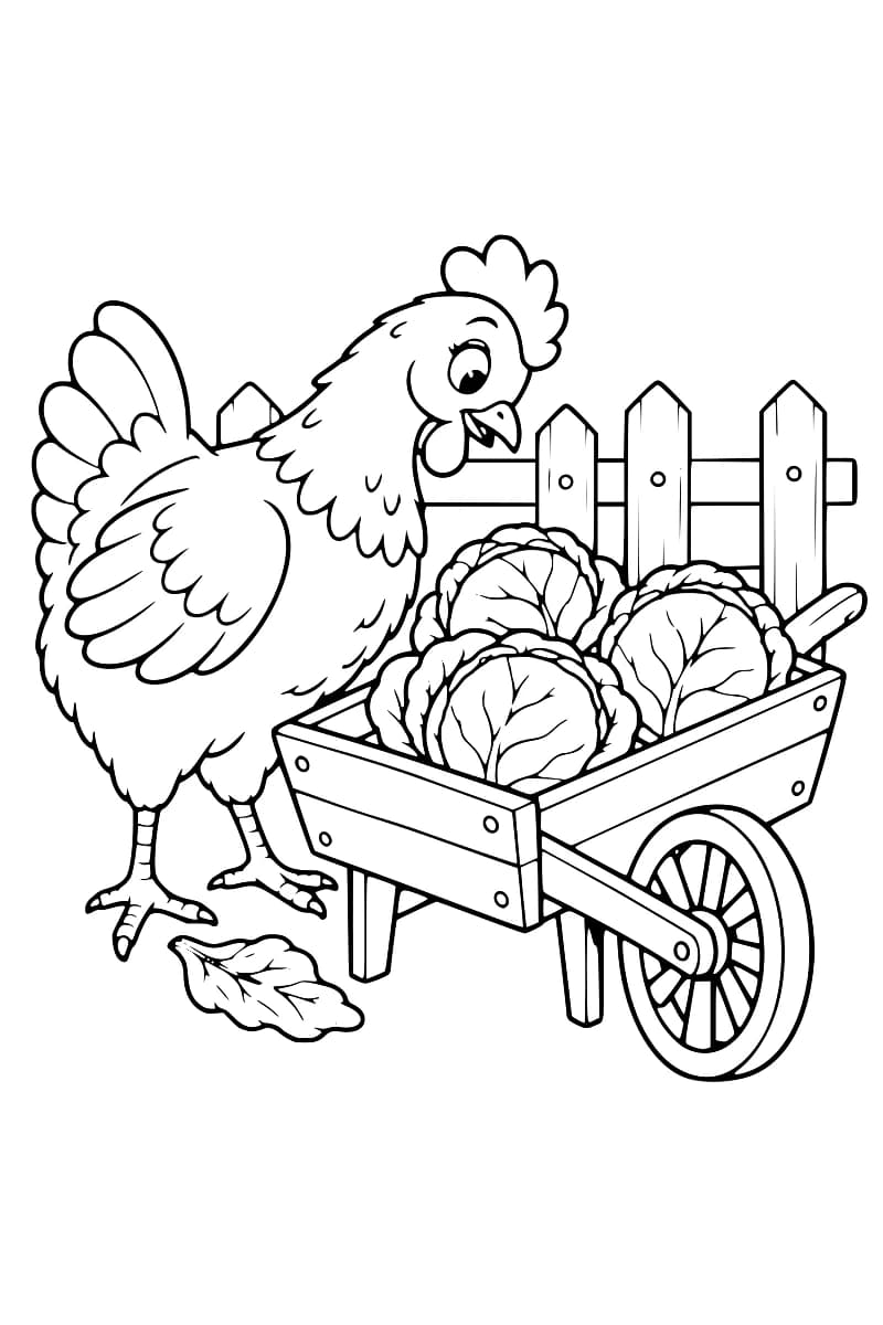 Poule debout à côté d’une brouette contenant trois choux, devant une clôture.