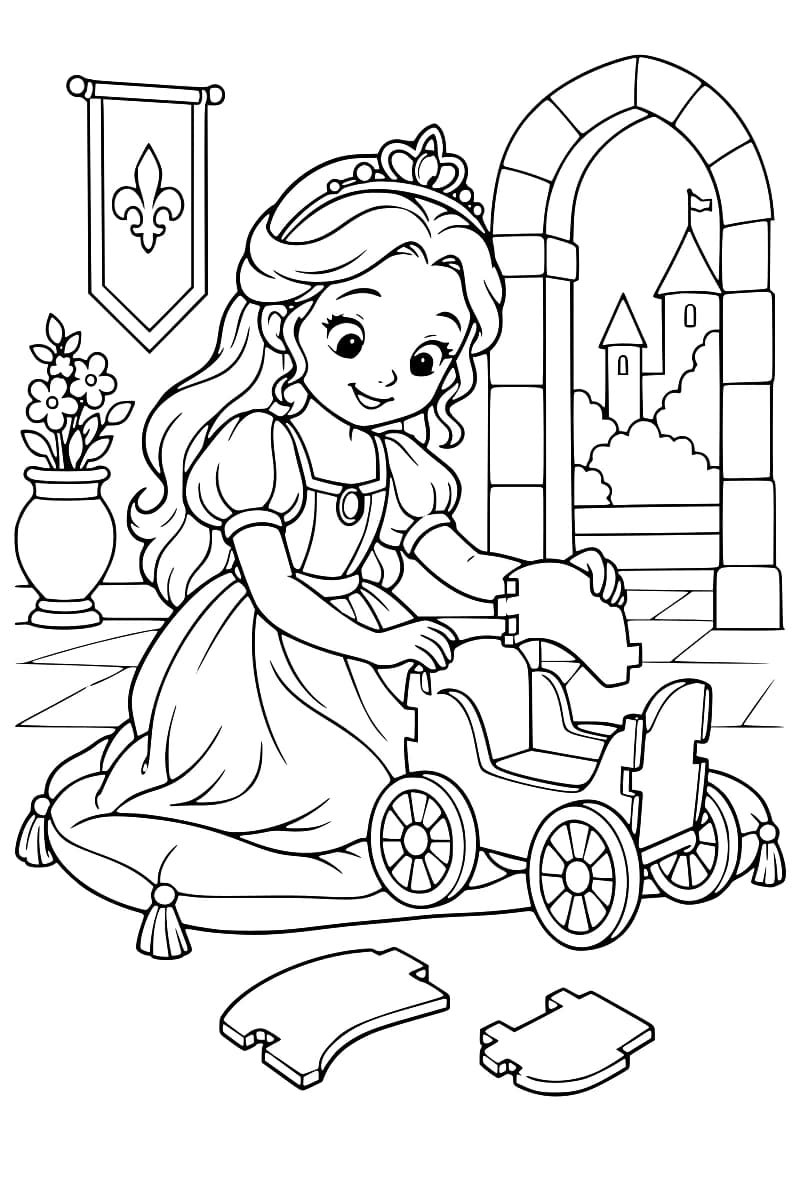 Princesse assise sur un coussin qui assemble un carrosse miniature devant un château, avec deux pièces au premier plan.