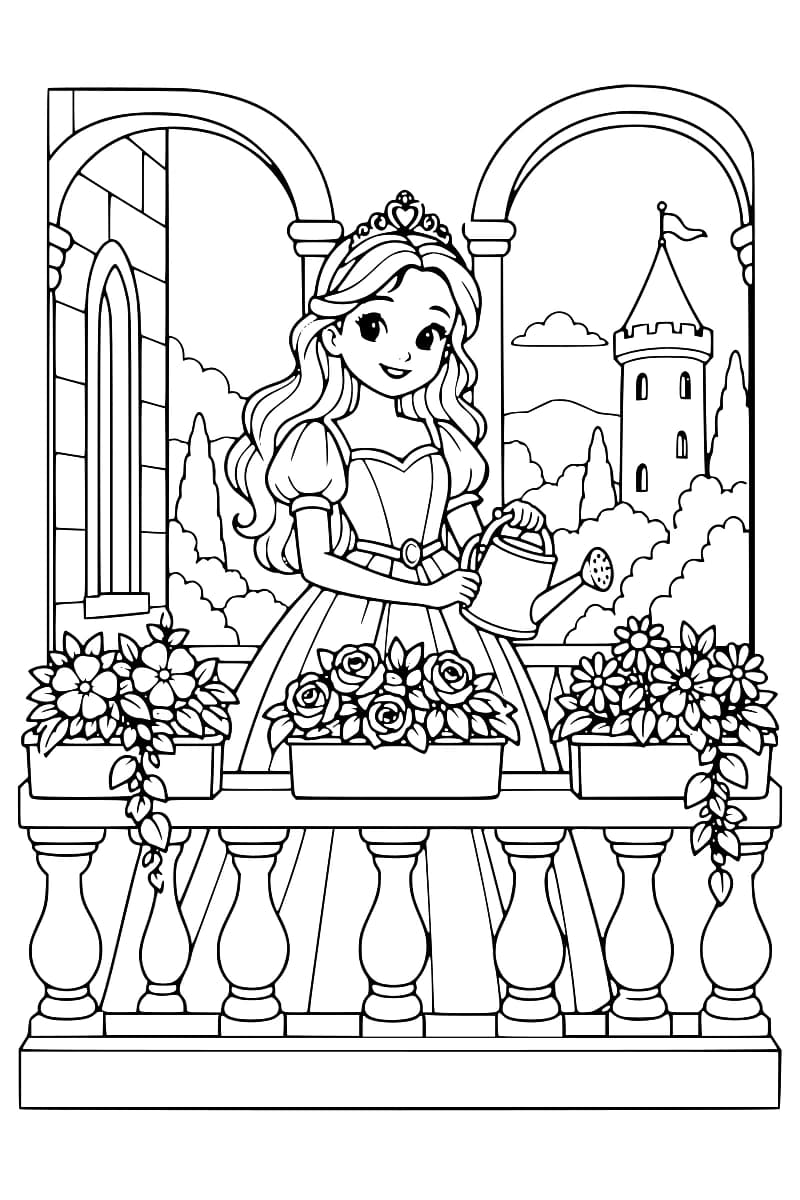 Dessin en noir et blanc d’une princesse couronnée tenant un arrosoir sur un balcon entouré de jardinières fleuries, avec une tour au loin.