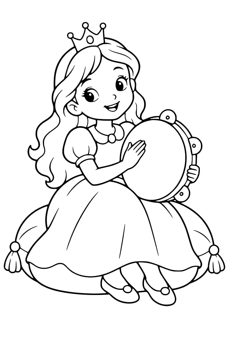 Dessin en noir et blanc d’une princesse souriante aux longs cheveux ondulés, portant une couronne et une robe à manches bouffantes, assise sur un coussin et tenant un grand tambourin.