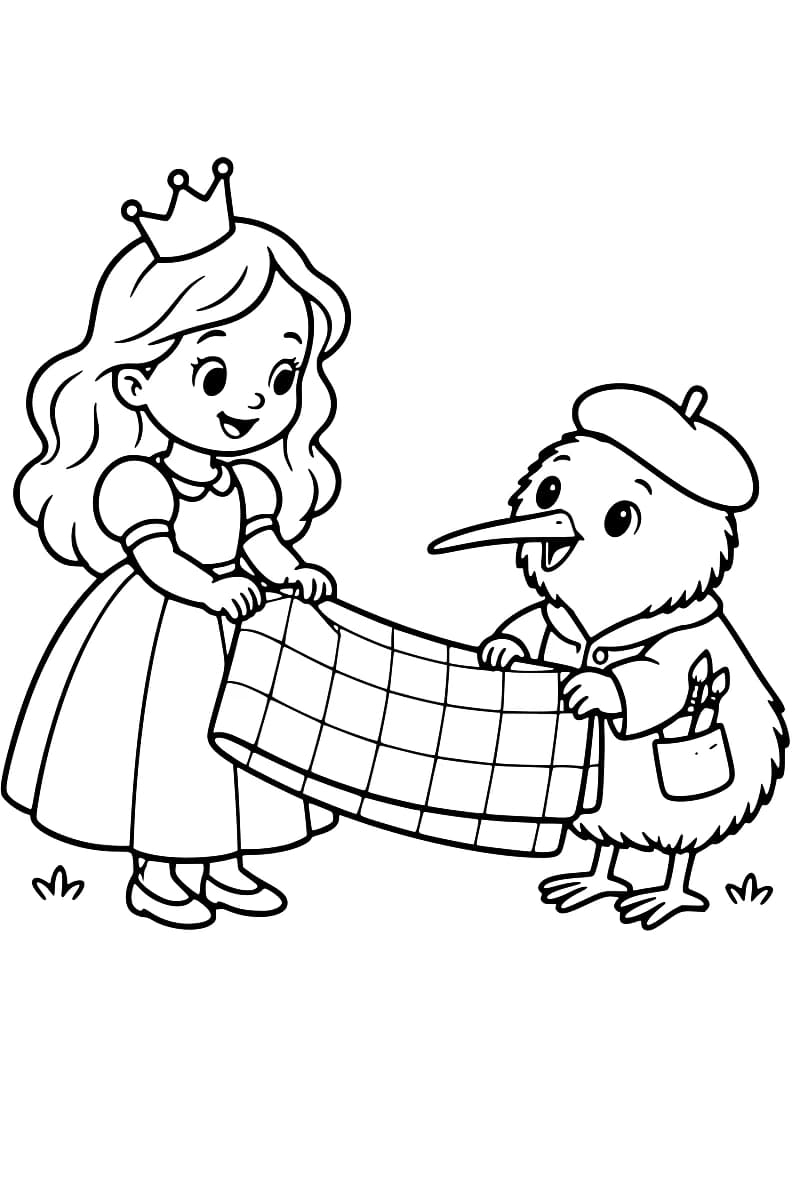 Dessin en noir et blanc d’une princesse couronnée et d’un oiseau au long bec, portant un béret et une veste avec des pinceaux dans la poche, qui tiennent une couverture à carreaux entre eux.