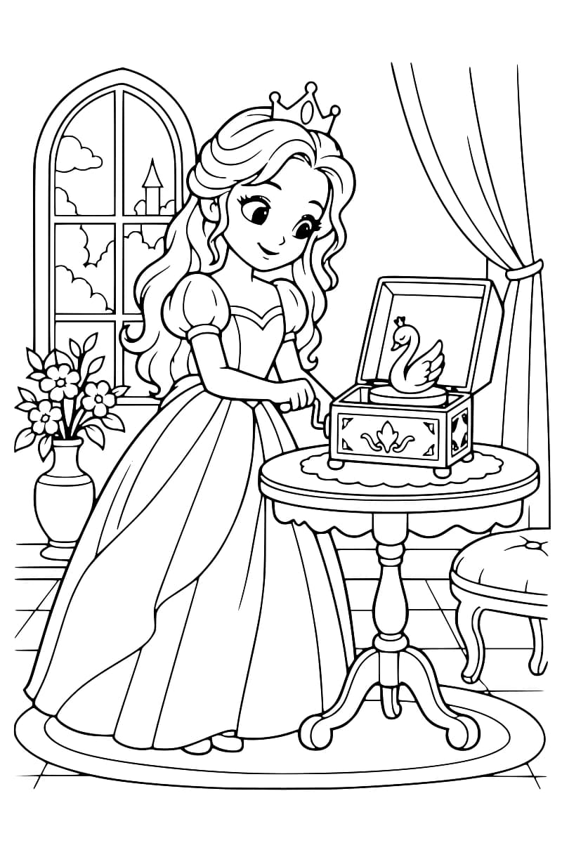 Dessin à colorier d’une princesse couronnée en robe longue actionnant une boîte à musique ornée d’un cygne sur une table ronde, près d’une fenêtre, d’un vase de fleurs et d’un tabouret.