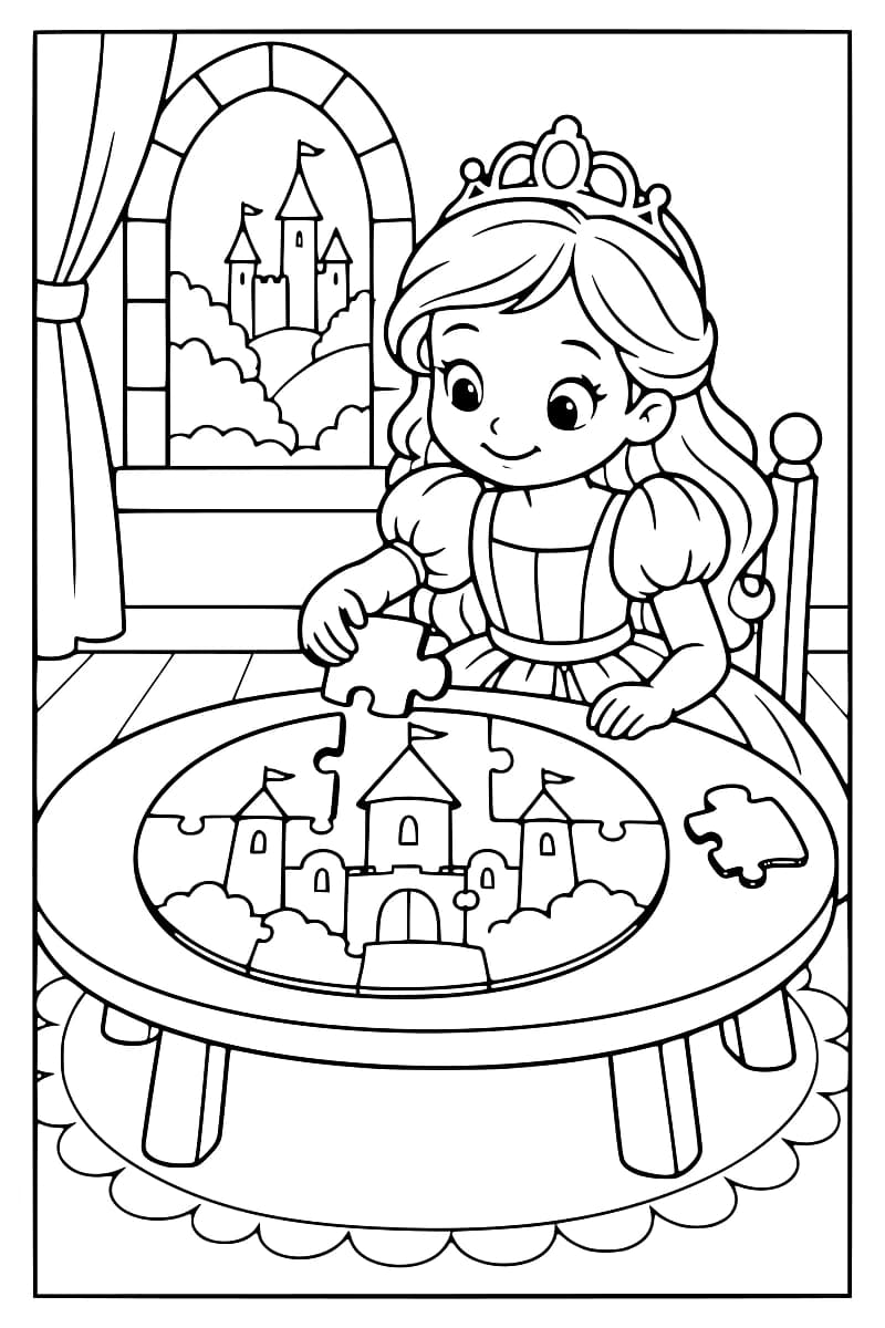 Dessin à colorier d’une princesse assise devant une table ronde, tenant une pièce au-dessus d’un puzzle de château inachevé. Une autre pièce repose à droite sur la table, et un château apparaît par la fenêtre.