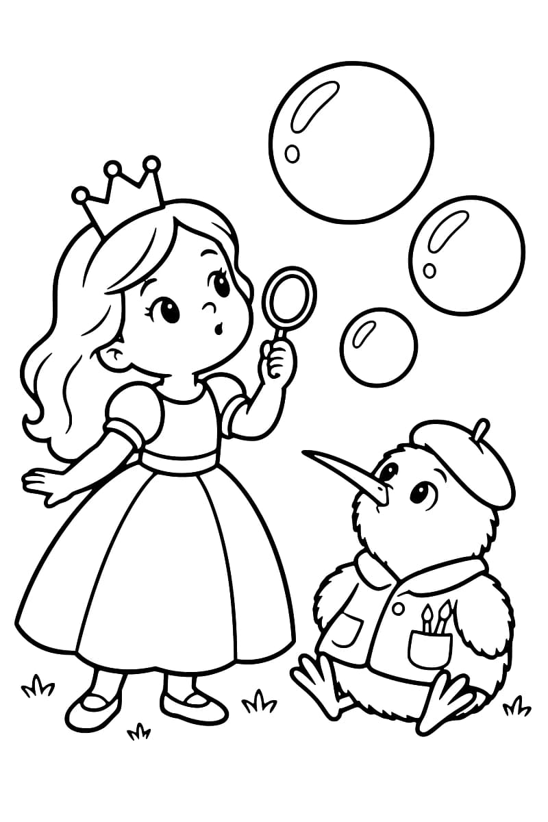 Dessin à colorier d’une princesse couronnée tenant un anneau à bulles devant sa bouche, avec trois bulles dans les airs et un oiseau à long bec assis à côté d’elle, portant un béret et une veste avec des pinceaux dans la poche.