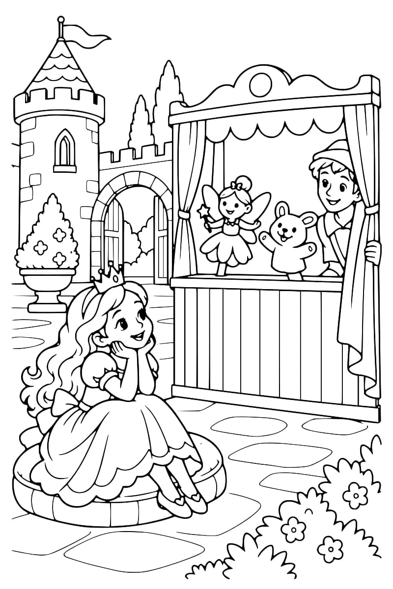 Dessin en noir et blanc d’une princesse couronnée assise sur un coussin devant un petit théâtre à rideaux, où un marionnettiste présente une fée et un ours, avec une tour de château et des buissons fleuris en arrière-plan.