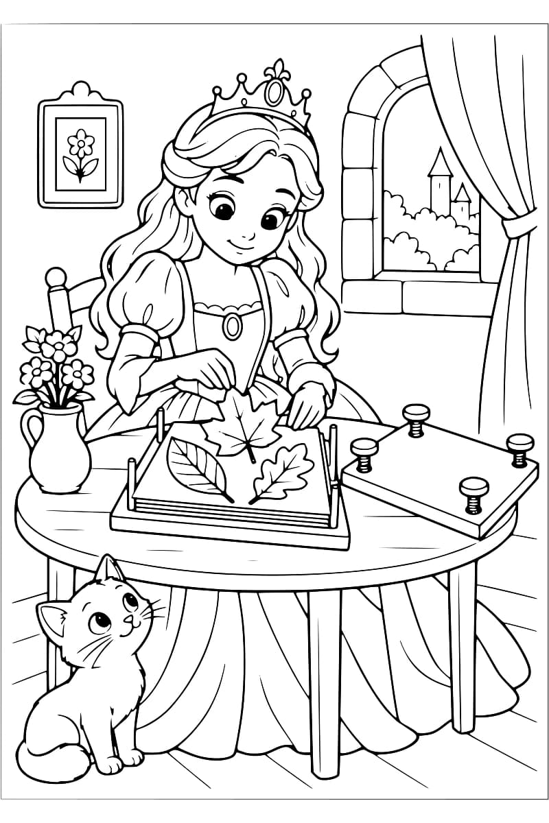 Dessin en noir et blanc d’une princesse couronnée installant trois feuilles dans une presse à herbier dont le couvercle à quatre vis est posé à droite. Un vase de fleurs se trouve sur la table et un chat est assis au sol. À l’arrière-plan, une fenêtre à rideau laisse voir les tours d’un château.