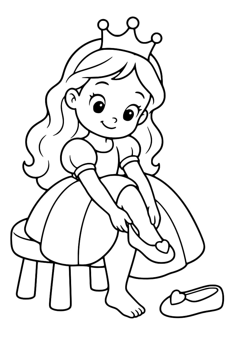 Dessin en noir et blanc d’une princesse couronnée aux longs cheveux ondulés, assise sur un tabouret et enfilant une chaussure décorée d’un cœur ; son autre pied est nu et la seconde chaussure est au sol.