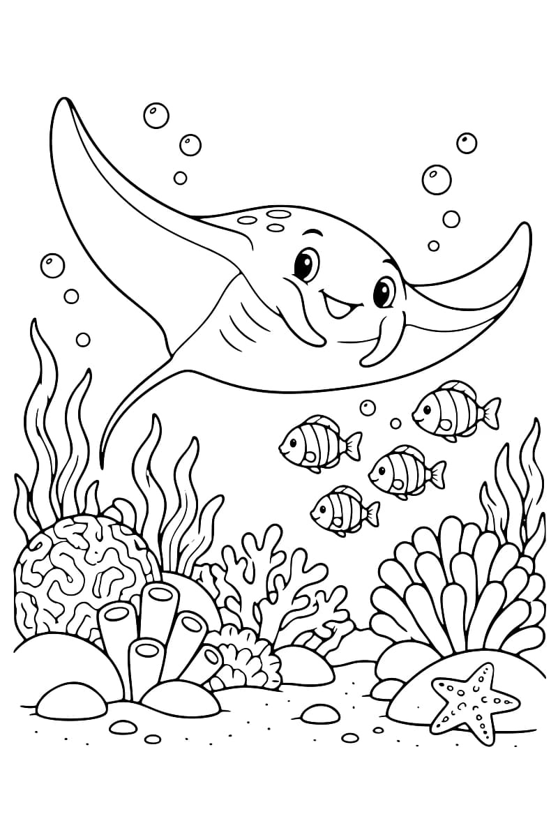 Dessin à colorier en noir et blanc d’une grande raie souriante aux nageoires déployées, entourée de bulles et de quatre poissons rayés, au-dessus d’un fond marin couvert de coraux, d’éponges, d’algues, de rochers et d’une étoile de mer.