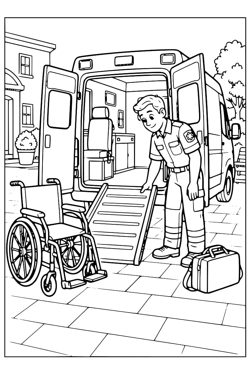Dessin en noir et blanc d’un secouriste près d’une ambulance aux portes arrière ouvertes, avec une rampe déployée, un fauteuil roulant vide à gauche et une mallette au sol à droite.