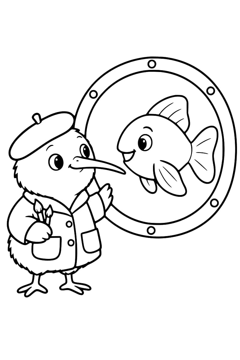 Dessin en noir et blanc d’un kiwi portant un béret et une veste à poches, tenant deux pinceaux et levant une aile devant un grand hublot circulaire où apparaît un poisson aux nageoires arrondies.