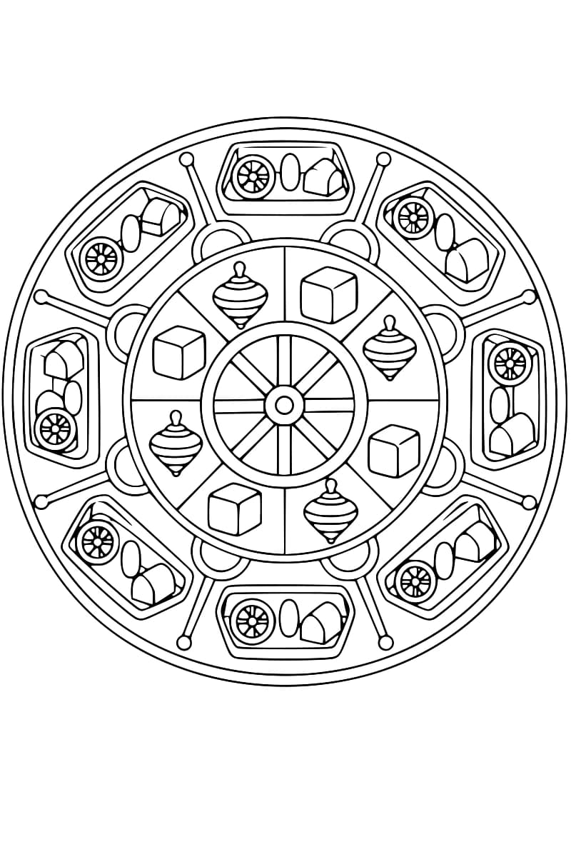 Mandala en noir et blanc représentant une roue centrale entourée de toupies, de cubes et de plateaux de jouets.