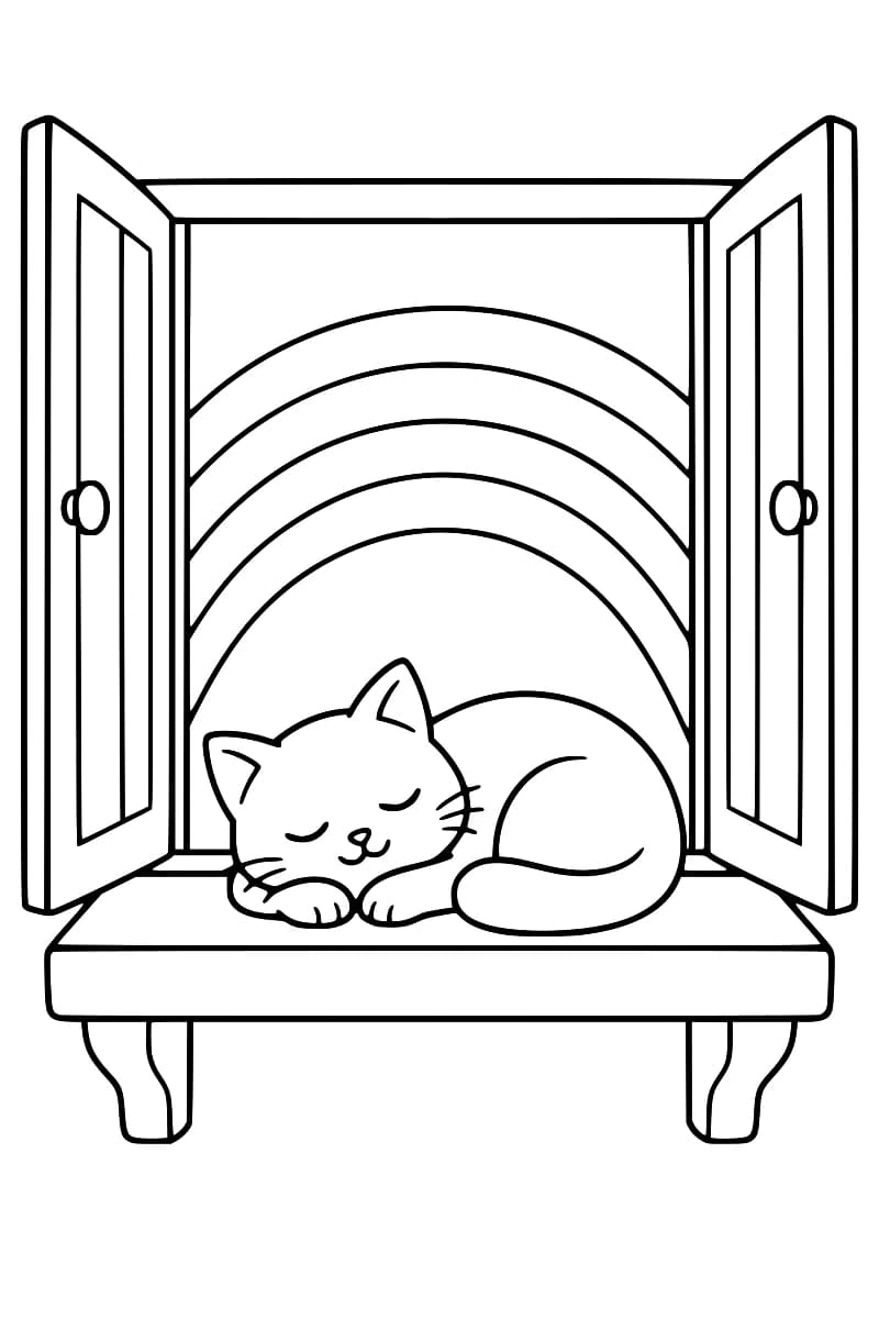 Dessin en noir et blanc d’un chat endormi, la queue enroulée contre lui, sur le rebord d’une fenêtre à deux battants ouverts, devant les bandes d’un arc-en-ciel.