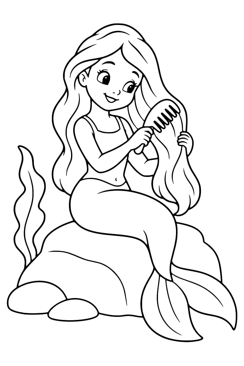 Dessin en noir et blanc d’une sirène assise sur un rocher, tenant une mèche de ses longs cheveux et un grand peigne, avec sa queue à deux nageoires au premier plan et une algue à gauche.