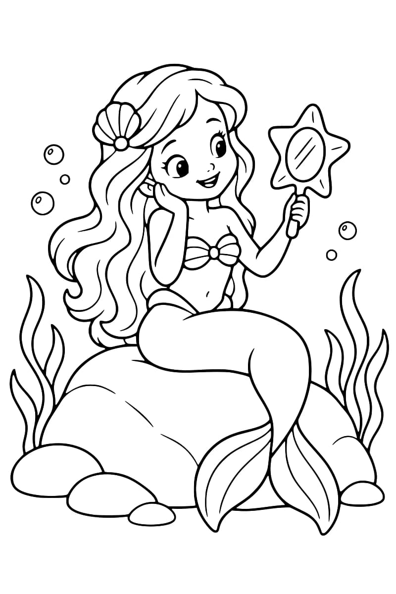 Dessin à colorier d’une sirène aux longs cheveux assise sur un rocher sous la mer, tenant un miroir en forme d’étoile de mer.
