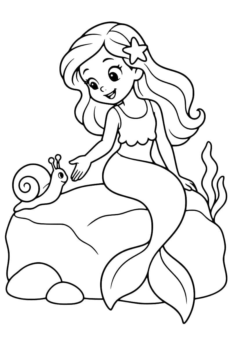 Dessin à colorier d’une sirène souriante aux longs cheveux ornés d’une étoile de mer, assise sur un rocher et tendant la main vers un escargot, avec des algues à droite.