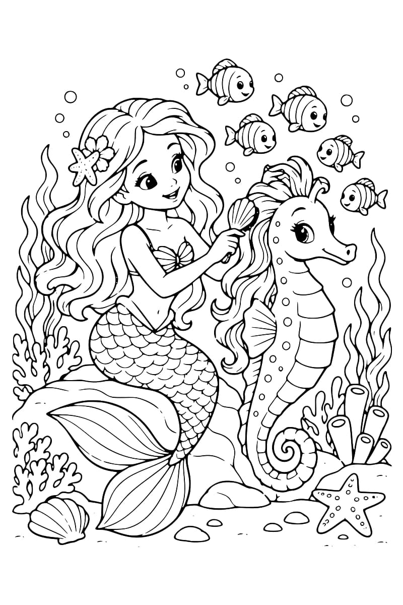 Coloriage en noir et blanc d’une sirène aux longs cheveux brossant la crinière d’un grand hippocampe avec une brosse en forme de coquillage, parmi des poissons, des coraux, des algues et une étoile de mer.
