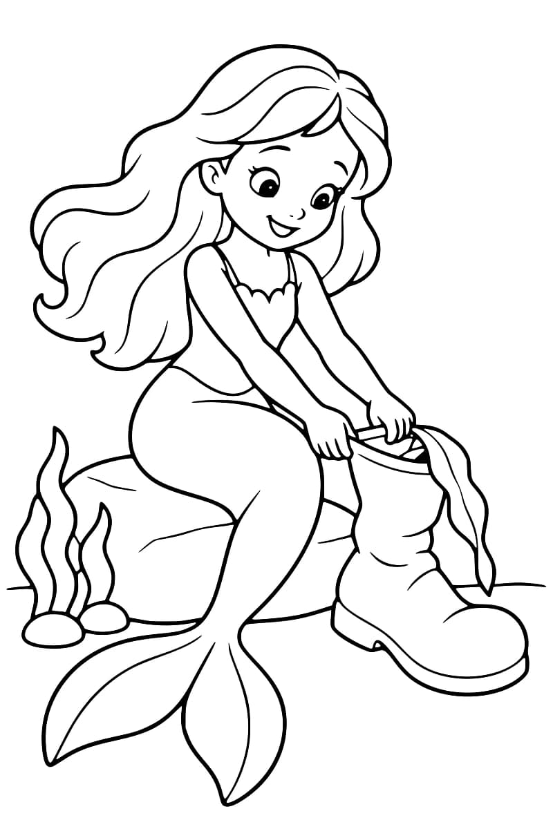 Dessin en noir et blanc d’une sirène souriante aux longs cheveux, assise sur un rocher et tenant le haut d’une grande botte ornée d’une algue, avec des pierres et des algues à ses côtés.