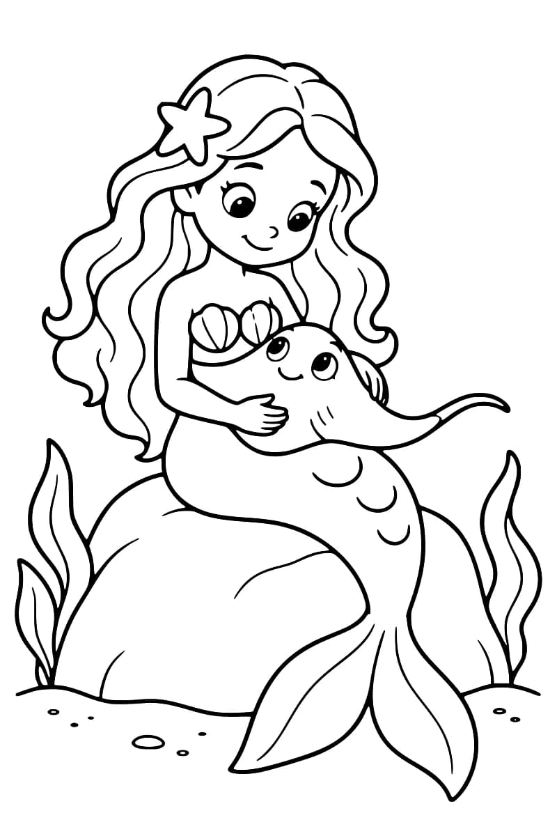 Dessin au trait noir sur fond blanc d’une sirène souriante aux longs cheveux ornés d’une étoile de mer, assise sur un rocher et tenant une petite raie contre elle, avec des algues de chaque côté.