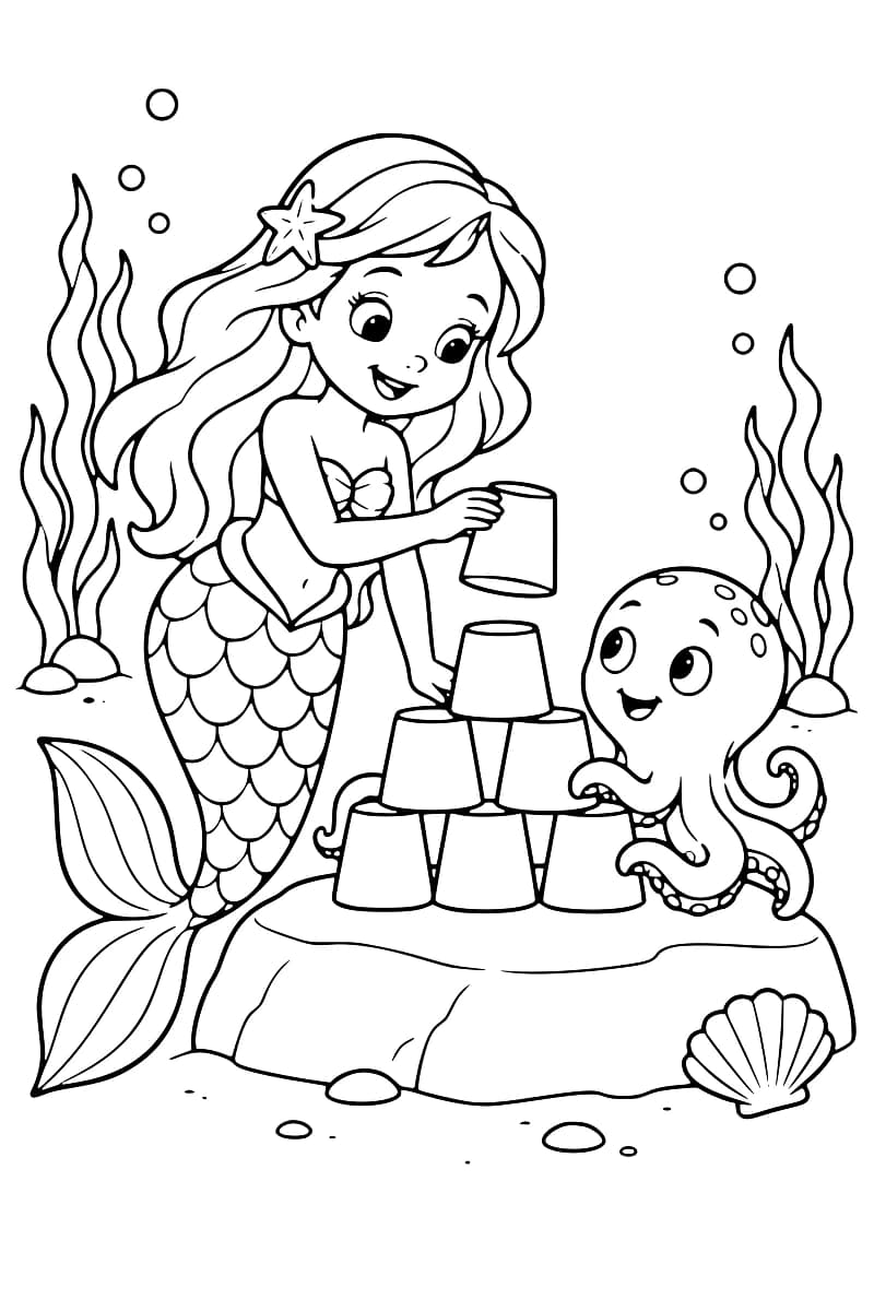 Dessin à colorier d’une sirène avec une étoile de mer dans les cheveux et d’un poulpe devant six gobelets empilés sur un rocher, entourés d’algues, de bulles et d’un coquillage.