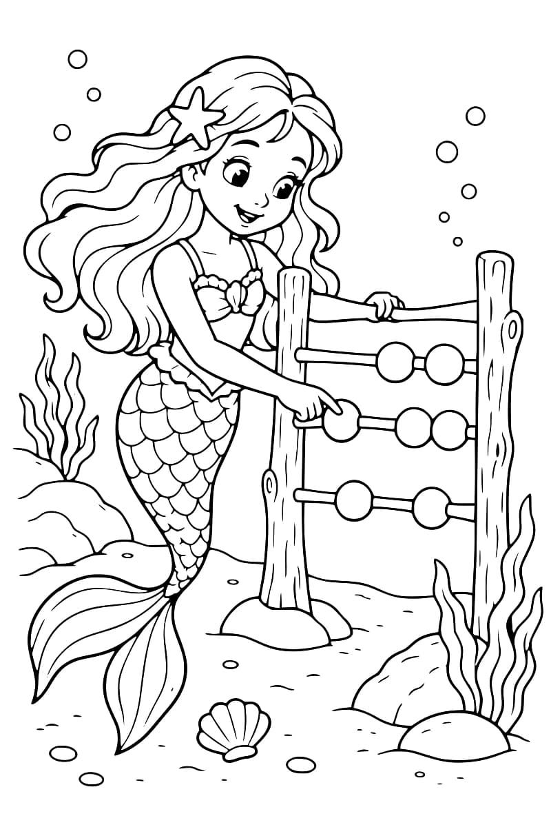 Dessin en noir et blanc d’une sirène aux longs cheveux ornés d’une étoile de mer, devant un boulier à trois tiges et six perles, avec des algues, des rochers, un coquillage et des bulles.