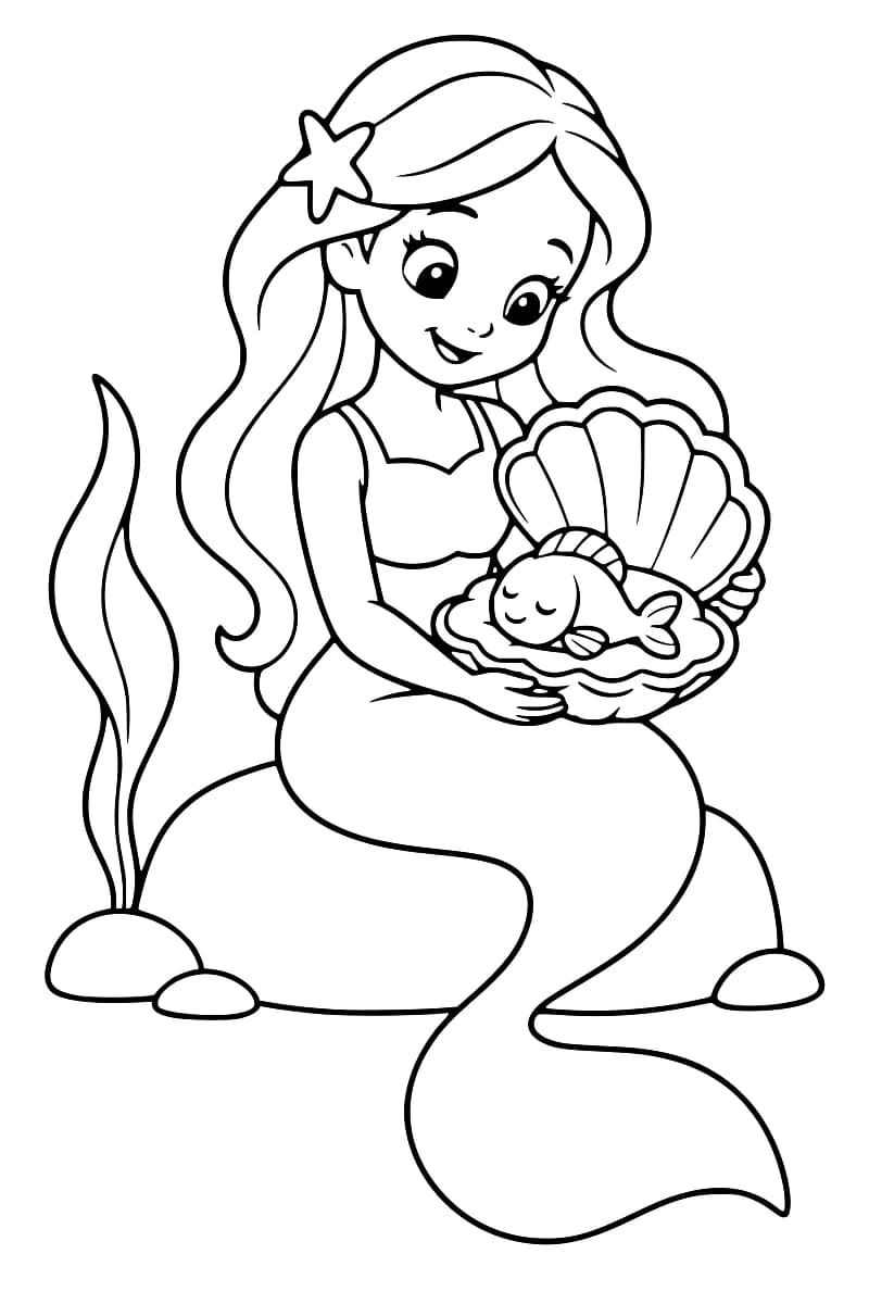 Dessin en noir et blanc d’une sirène aux longs cheveux ornés d’une étoile de mer, tenant un poisson aux yeux fermés dans un grand coquillage ouvert, avec une algue et des pierres à ses côtés.