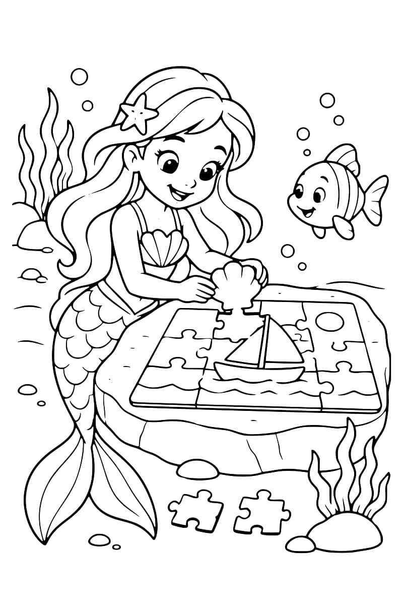 Dessin à colorier d’une sirène aux longs cheveux ornés d’une étoile de mer, assemblant un puzzle de voilier sur un rocher plat, avec un poisson à ses côtés, des algues, des bulles et deux pièces au sol.
