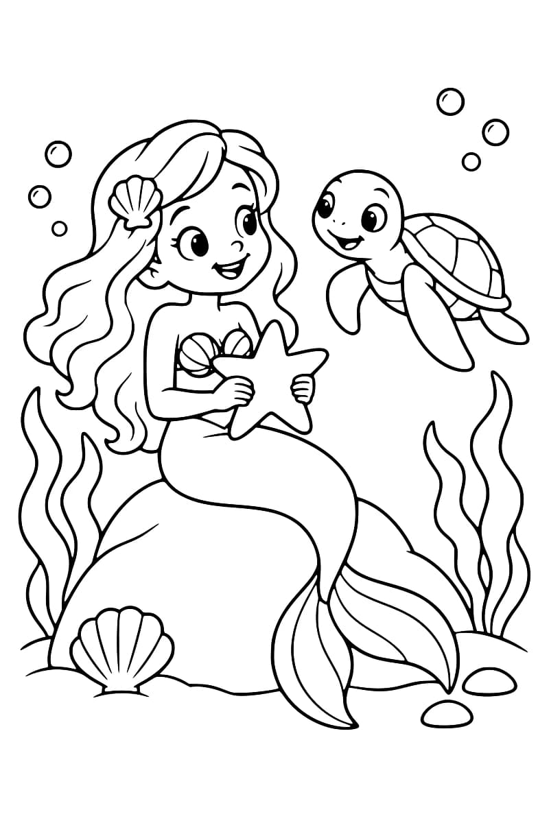 Illustration en noir et blanc montrant une sirène assise sous l’eau, tenant une étoile de mer, avec une tortue à ses côtés.