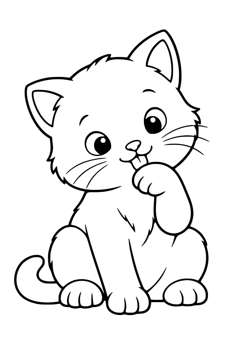 Dessin au trait noir sur fond blanc d’un chaton assis, les yeux ouverts et la langue sortie contre une patte avant levée, avec la queue recourbée sur le côté.