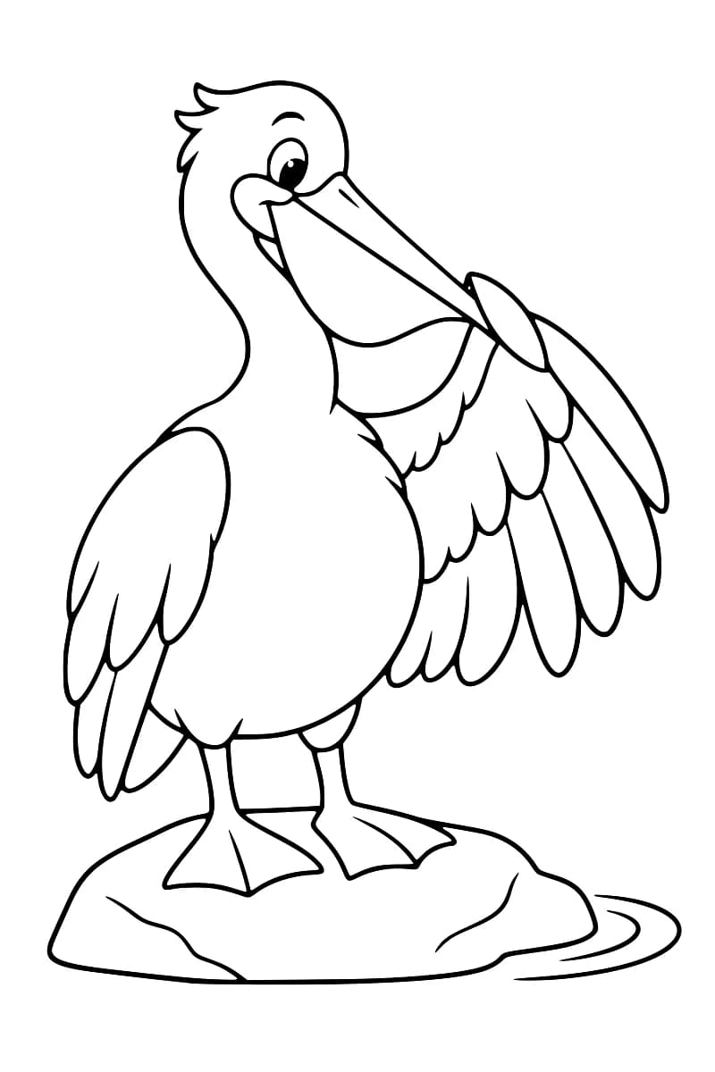 Dessin en noir et blanc d’un pélican aux pattes palmées posé sur un rocher, le bec contre les plumes de son aile relevée, avec quelques rides sur l’eau.